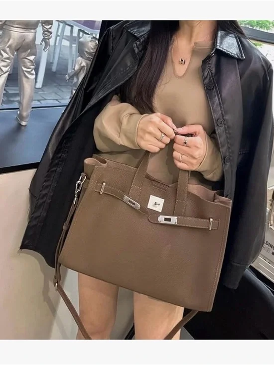 NEW Amazon brand -HaiPomo Structured Taupe Leather Tote with Detachable Strap - Picture 2 of 6